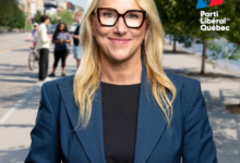 Professional portrait of a blonde woman in a blue blazer outdoors, with Parti libéral du Québec logo in the background.