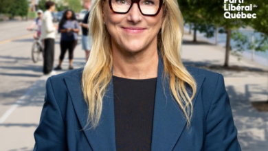 Professional portrait of a blonde woman in a blue blazer outdoors, with Parti libéral du Québec logo in the background.