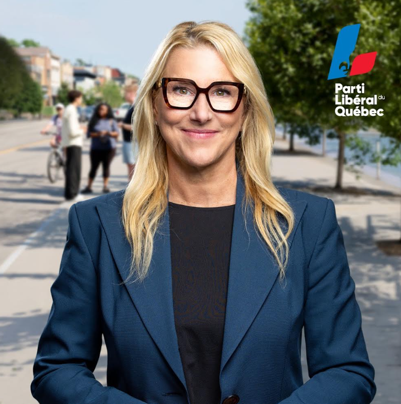 Professional portrait of a blonde woman in a blue blazer outdoors, with Parti libéral du Québec logo in the background.